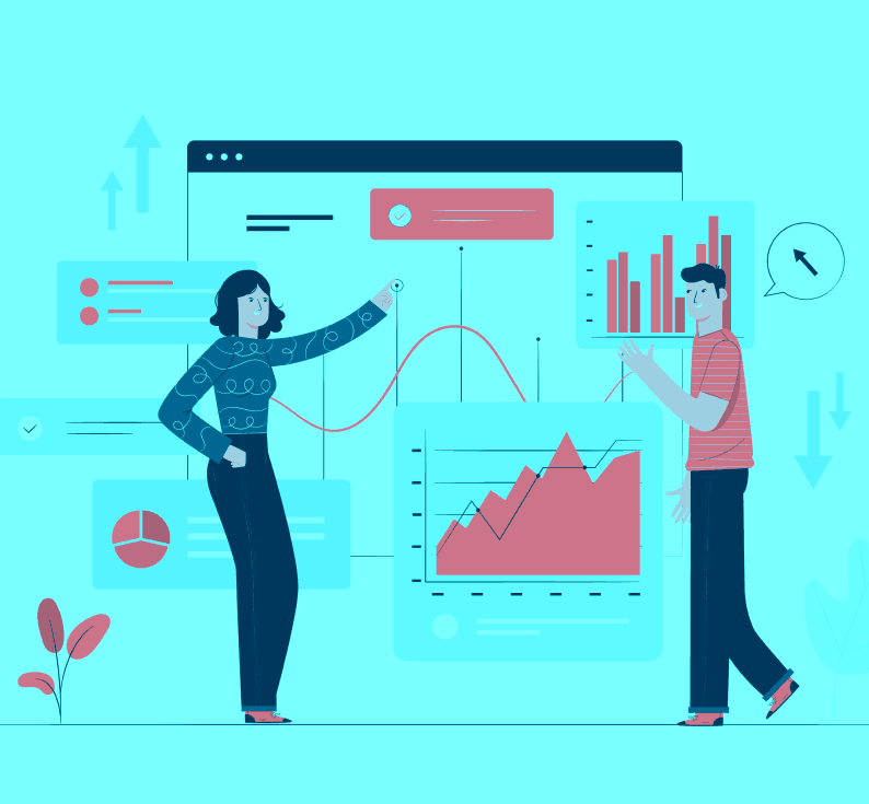two animated figures pointing to different customer metrics