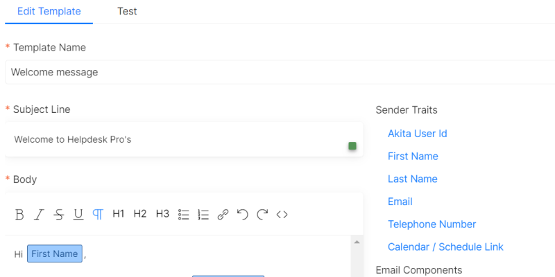 An email template being created in Akita App