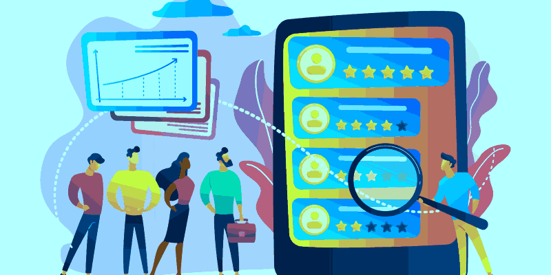 Customers looking at their reviews on a big screen